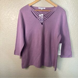Mercer Street Studio Blouse Lavender Quadruple Lattice V-Neck 3/4 Sleeve